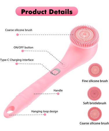 SUUWEE Electric Silicone Body Brush Set with 3 Heads | USB Rechargeable Shower Scrubber for Deep Cleaning | Long Handle for Women Men | Pink - Buy Online on SooperMarket.com