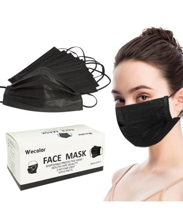 Wecolor 50 Pcs Disposable 3 Ply Earloop Face Masks Suitable for Home School Office and Outdoors (Black)