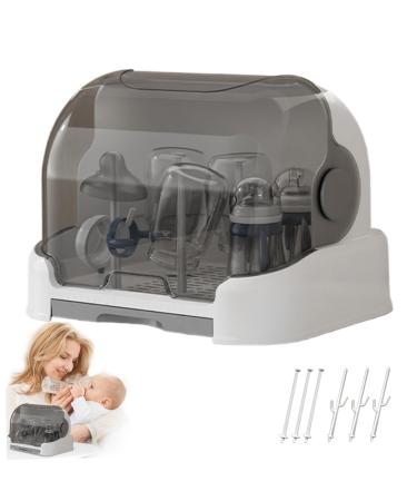 Bottle Sealing Discs Large Bottle Drying Rack with Cover & Removable Drain Tray Dustproof Baby Bottle Organizer Portable Baby Bottle Rack Dryer Grey