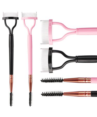 2 PCS Eyelash Separator Comb with Eyebrow Brush Dual Head Eyelash Shaper Lash Separator Tool with Cover Mascara Applicator Spoolie Brushes for Women Girls Make up Travel (Black Pink)