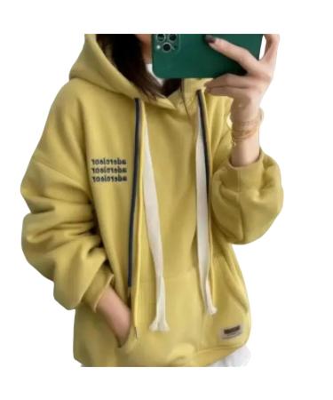 CBLdF Ladies Hoodies Women Autumn Winter Velvet Thickened Three-row Embroidered Letter Hooded Sweatshirt Casual All-match Pullover Yellow XL