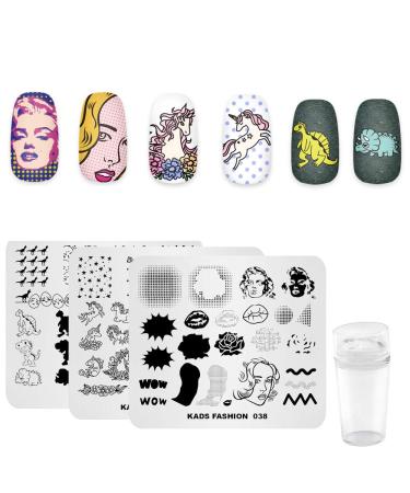 4PCs Nail Art Stamping Platten Set Einhorn Dinosaurs Comic Multi-Pattern Design Stamping Image Schablon Template with 1 PC Polish Stamper 46