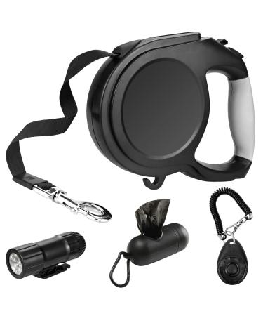 Retractable Dog Lead 8M/26ft Extendable Dog Lead Extendable with Non-Slip Handle & Adjustable Dog Lead with LED Flashlight Waste Dispenser Bags One-Hand Brake for Night Walking Running Jogging Black