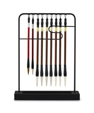 Jolensoy 9-Pins Calligraphy Sumi Brush Hanger Chinese Calligraphy Brush Holder Metal Wenge Brush Holder for Study Room Home Office (Writing Brush Not Included)