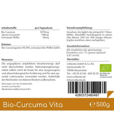 Cellavita Bio Curcuma Vita - 500g Organic Turmeric Powder with Black Pepper & Saffron | 4-Month Supply - Buy Online on SooperMarket.com
