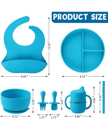 Baby Feeding Set - Silicone Bib, Suction Divided Bowl, Spoon, Fork - Toddler Utensils for Baby Led Weaning - Blue (6 Months) - Buy Online on SooperMarket.com
