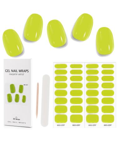 Kalolary 32PCS Cured Gel Nail Polish Strips Adhesive Full Wrap Gel Nail Art Sticker Waterproof Gel Nail Wrap Stickers with Nail File and Stick(UV/LED Lamp Required) (GreenYellow)