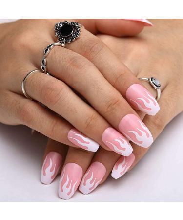 24PCs Flame Coffin Square Acrylic Press-On Nails | Pink Fire Glue-On Fingernails for Women & Girls | DIY Manicure Salon - Buy Online on SooperMarket.com