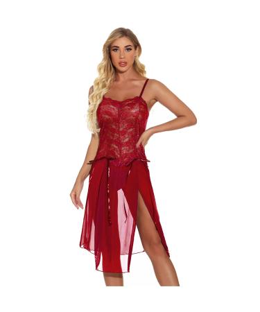 Generic Womens Lace Lingerie Babydoll Dress Sexy Strap Sheer Chemise Sleepwear V Neck See Through Teddy Nightdress Crimson,Small