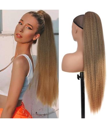 PORSMEER 30 Inch Yaki Straight Drawstring Ponytail Clip In Extensions for Women Kinky Straight Pony Tail Extensions Hair Extensions Ponytail (Black mix blonde) - Buy Online on SooperMarket.com