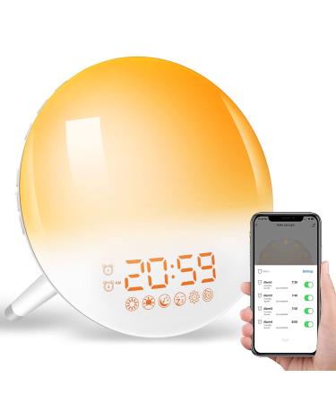 Ghustar Lichtwecker Wake Up Light - daylight alarm clock with sunrise sunset 7 colors 2 alarm clocks 7 natural sounds FM radio 20 brightness level LED night light for adults
