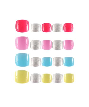SIUSIO 96Pcs Fake Toe Nails Press on Colorful Square Acrylic Full Cover UV Top Coat for Toenail Salons and DIY Covered Gel Short False Nails Foot Art Tips Sets for Women and Girls(4 Colors)