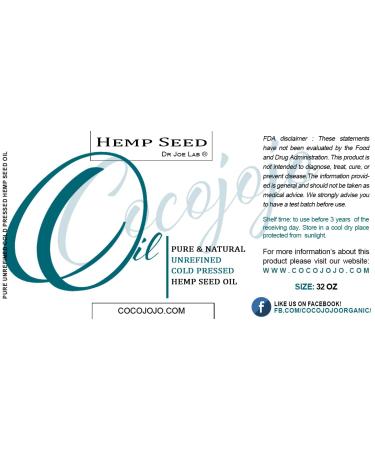 CocoJojo Hemp Seed Oil - Pure Unrefined Cold Pressed - Vegan Bulk Carrier Oil 32 oz | Extra Virgin for DIY & Soap - Buy Online on SooperMarket.com