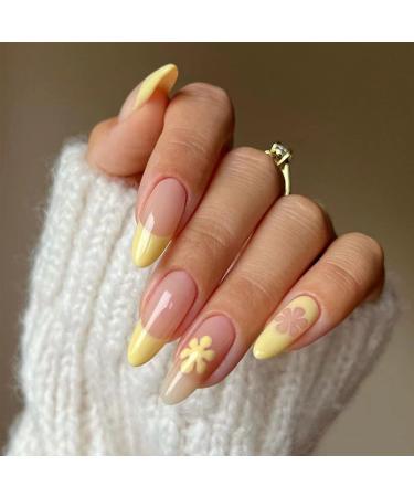 Luvadeyo 24 PCs Press on Nails Medium Fake Nails Almond Glue on Nails False Nails With Glue Acrylic Nails for Women and Girls Yellow Flower