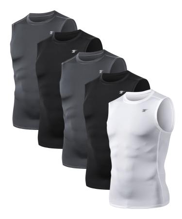 TELALEO 5 Pack Men's Athletic Compression Shirts Sleeveless Workout Tank Top Sports Base Layer Running Basketball Black/Charcoal/White(five Pack) Large