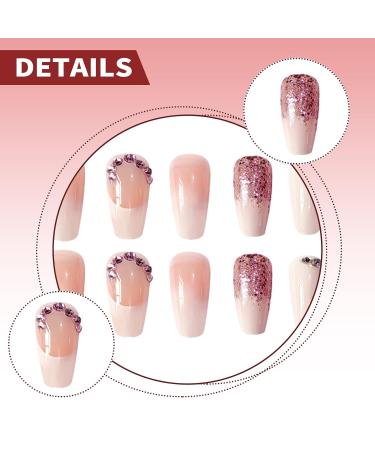 LUVADEYO 24 PCs Pink Coffin Sequins Fake Nails | Medium Length Press-On Nails with Bling Gradient & Rhinestone Design - Gorgeous Full Cover False Nails - Buy Online on SooperMarket.com
