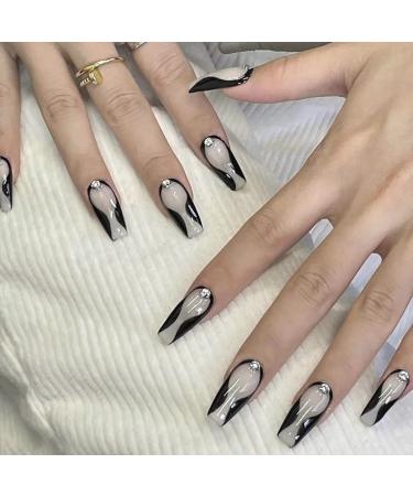 24Pcs Press on Nails long Rhinestones Coffin French Fake Nails Ballet Luxury Black Line Glossy Fake Nails for Women and Girl DIY Manicure 13