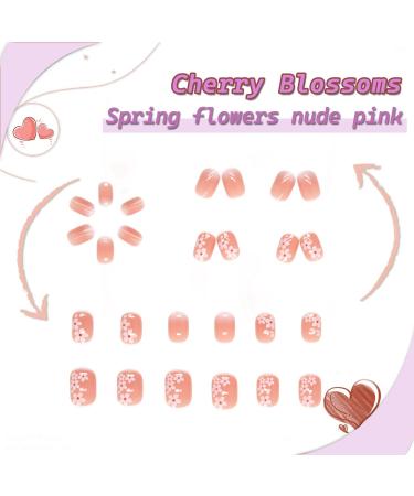 Cherry Blossom Flower Press on Nails - Short Pink Square Fake Nails with Nail Glue | French Acrylic Full Cover False Nails for Women & Girls - 24PCS - Buy Online on SooperMarket.com
