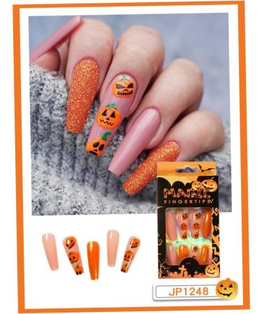 Halloween Press on Nails Medium Length Fake Nails Acrylic Nails Pumpkin Black Flame Cross Head Design Nails Fake Nails Glue for Women and Girls The Most Fashionable Nail Decoration - Buy Online on SooperMarket.com