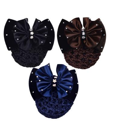 FSSTUD 3 Pieces Bow Hair Net Hair Bun Cover Hair Clip Hair Clips Bun Net Hair Accessories with Rhinestones for Women Girls