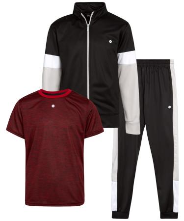 RBX Boys' Jogger Set - 3 Piece Tricot Sweatshirt, Sweatpants, and T-Shirt Tracksuit (8-12) Black Red Space Dye 12
