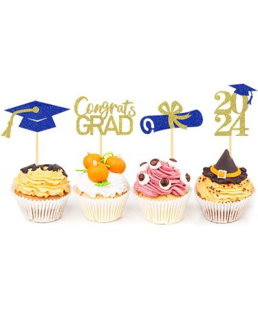 Pack of 24 Glitter 2024 Graduation Cupcake Toppers Graduation Cupcake Toppers Bachelor Hat Decoration Graduation Decoration for Graduation Party Decoration (Blue & Gold) - Buy Online on SooperMarket.com