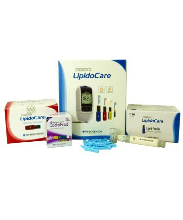 LipidoCare Meter + Total Cholesterol Lipid Profile & Glucose Test Strips + Lancing Device and Lancets Meter + TC & Lipid & SD Strips + Lancets & Device