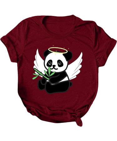 TUNUSKAT Women's Cute Panda Shirt - Summer Animal Print Blouse | Short Sleeve Loose Fit Tops - Medium - Wine - Buy Online on SooperMarket.com