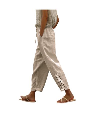 Womens Linen Pants Chic Side Hollow Out Tapered Harem Pants Casual Linen Capri Pants Boho Summer Beach Pants with Pockets #C3-khaki XX-Large