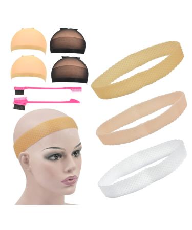 YTBYT 3 Pcs Silicone Wig Grip Band Non-Slip Elastic Headbands 4 Pcs Wig Stocking Caps and 2 Pcs Hairbrush for Hold Wig (Mixing)