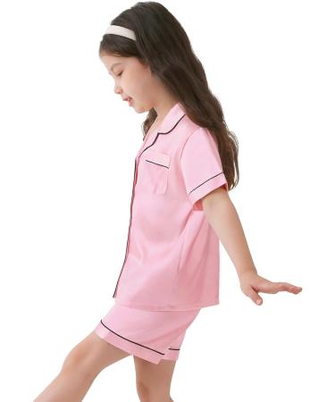 Kids Silk Pyjamas Set | Short Sleeve Satin PJs for Girls Boys | Button-Down Silky Nightwear for Children and Teens | Age 4-16 | Pink - Buy Online on SooperMarket.com