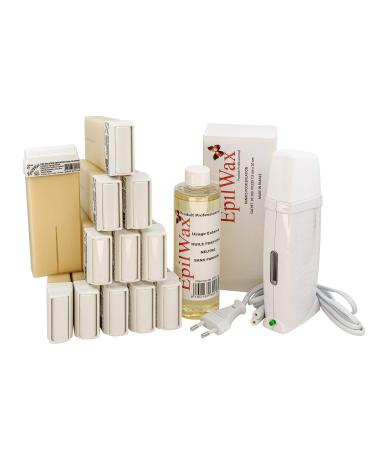 EpilWax Royal Depilatory Kit Complete with: Professional Wax Heater 12 Roll-On Wax 100 ml White 100 Depilatory Strips 1 Bottle of 250 ml After Wax Oil (Royal Series White 12)