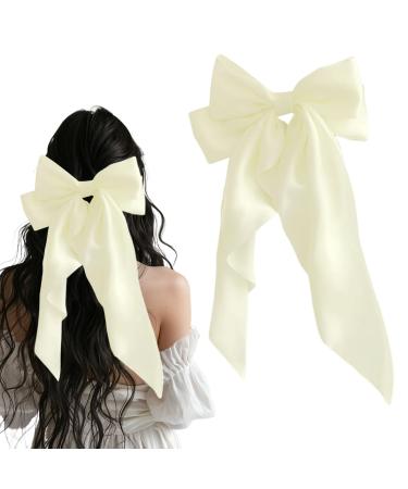 Nuqin Ribbon White Hair Bow White Bow Long Tail French Ribbon White Hair Bow Soft Silky Satin White Bow Hair Clip with Metal Clip for Party Women Girls(Off White)