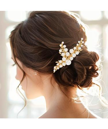 Handcess Bridal Wedding Hair Comb Gold Pearls Hairpiece Leaf Bridal Side Combs Wedding Hair Accessories for Women and Girls - Buy Online on SooperMarket.com