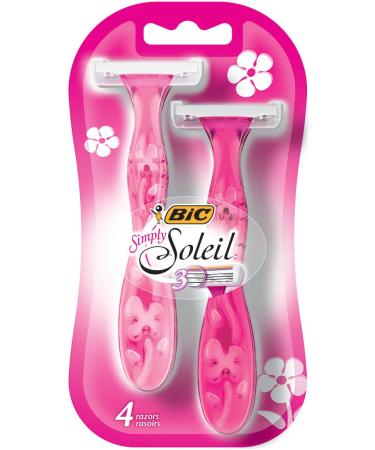 BIC Soleil Simply Smooth Women's Disposable Razor, Triple Blade, Pack of 4 Razors, For a Smooth Shave (SF3WP41-AST) Pink 4 Count (Pack of 1)