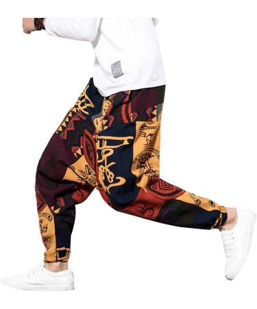 Pejihota Men's Loose Hip-Hop Harem Pants - Linen Bohemian Aladdin Yoga Pants with Pockets | Retro Print & Deep Step Style - Buy Online on SooperMarket.com