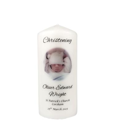 Personalised Christening Photo Candle - 7cm x 15cm White - Christening/Baptism Keepsake for Boy or Girl