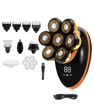 5 in 1 7D Rechargeable Bald Head Shavers Kit for Men USB LED Display Electric Razor Heads Beard Ear Nose Hair Facial Trimmer(Golden)
