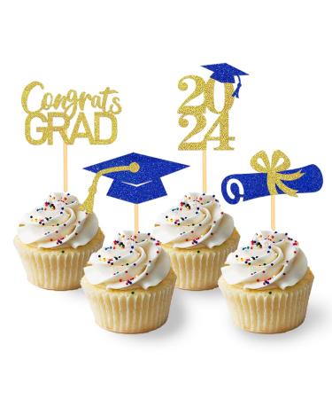 24Pcs Graduation Cupcake Toppers Graduation Decorations Class of 2023 Cupcake Toppers- Graduation Cupcake Picks for Graduation Themed Decorations (Blue Gold)