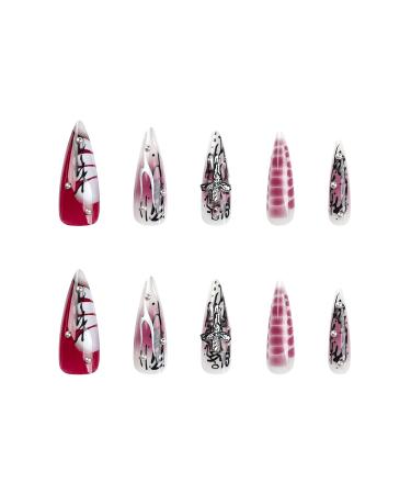 MISUD Long Stiletto Press on Nails - Gothic Red Black Ombre Acrylic Fake Nails - 24 Pcs Glossy Chrome Swirl Design - International Shipping Available - Buy Online on SooperMarket.com