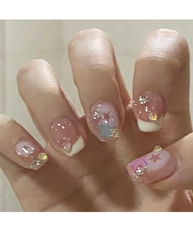 French Cute False Nails Extra Short Kids Stick on Nails with Mermaid Bubble Beads 24pcs Square Press On Nails with Glue Sweet Colour Design Funny Fake Nails for Women Girls (Sweet Heart) - Buy Online on SooperMarket.com