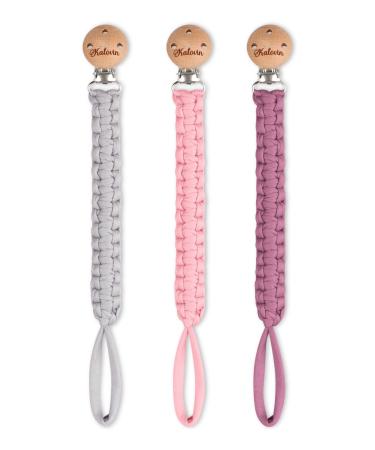 Pacifier Clip for Boys and Girls 11 Inch Handmade Braided Cotton Pacifier Holder with Wooden Clips - Fits All Pacifiers & Teething Toys for Baby Shower Birthday Christmas Gifts (3 Packs) C (Plum/Gray/Pink)