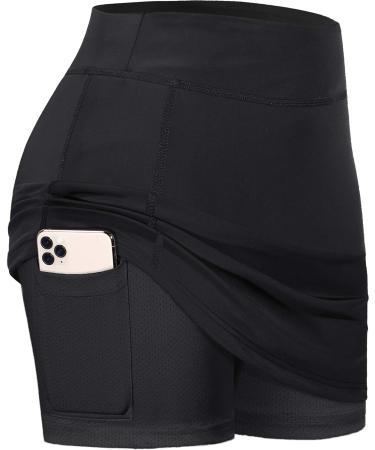 BLEVONH Women Tennis Skirts Inner Shorts Elastic Sports Golf Skorts with Pockets Black Large