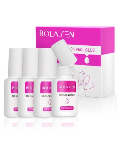 BOLASEN Extra Strong Nail Glue for Press On Nails, Acrylic Nails, Nail Tips - 4 Pack Durable Brush On Nail Glue Easy to Apply, Long-Lasting & Quick-Drying Nail Glue for Fake Nails(7ML/0.24 Fl Oz)