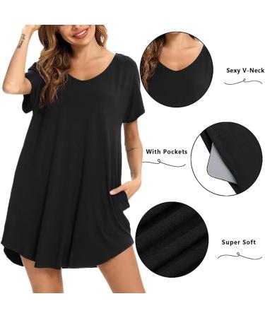 Aseniza Women's Nightdress Nightshirt Loungewear V Neck Casual Oversized Sleepwear - Black XXL - Buy Online on SooperMarket.com