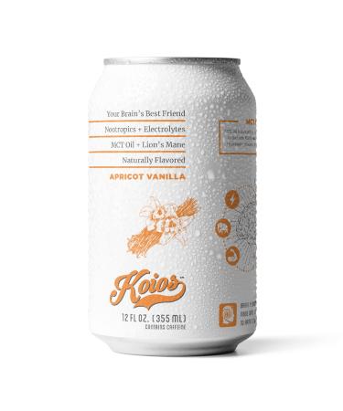 KOIOS Sparkling Apricot Vanilla Nootropic Beverage - Enhance Brain Function, Improve Memory & Productivity, Reduce Stress - Lions Mane Mushroom & MCT Oil - Gluten-Free, Vegan - Natural Caffeine - 12 Pack - Buy Online on SooperMarket.com