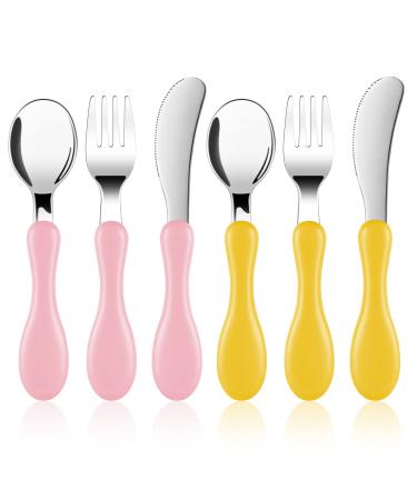 Vicloon Baby Fork and Spoon 6 PCS Toddler Utensils Spoons Forks Tableware Set Toddler Utensils Stainless Steel Baby Forks and Spoons Baby Feeding Cutlery Utensil Weaning Spoon for Kids(Yellow/Pink)