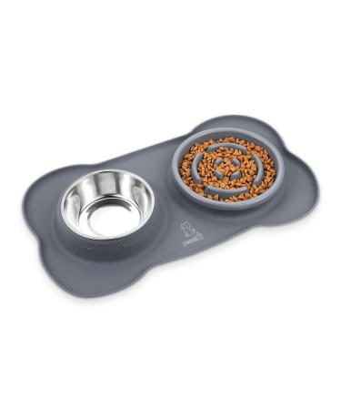 Pecute Dog Bowls Slow Feeder Bloat Stop Pet Bowl Eco-Friendly Non-Toxic No Chocking Healthy Design Bowl with No-Spill Non-Skid Silicone Mat Stainless Steel Water Bowl for Dogs Cats and Pets M-13.5oz/bowl Grey Bowl
