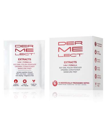 Dermelect Extracts 3-in-1 Soy Nail Polish Remover Wipes (10 Pack) Award-Winning Scentless Acetone-Free Non-Toxic Formula with Protein Peptides Organic Soy & Jojoba Oil
