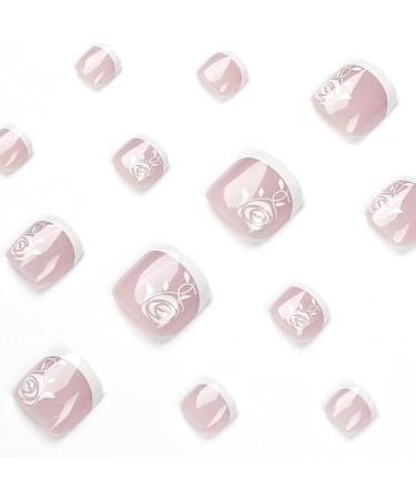 24Pcs Square False Toenails Glossy French Rose Flower Press on Toenails Nude Pink Stick on Toenails Short Acrylic Full Cover Summer Fake Toenails for Women and Girls Daily Decorations White Rose Flower - Buy Online on SooperMarket.com